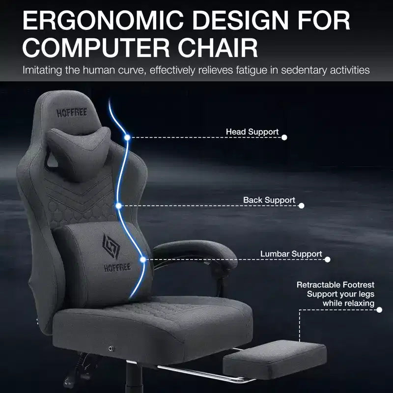 Hoffree Breathable Fabric Massage Gaming Chair Ergonomic Office PC Chair with Footrest & Adjustable