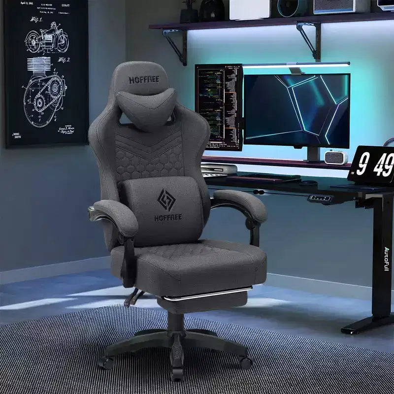 Hoffree Breathable Fabric Massage Gaming Chair Ergonomic Office PC Chair with Footrest & Adjustable