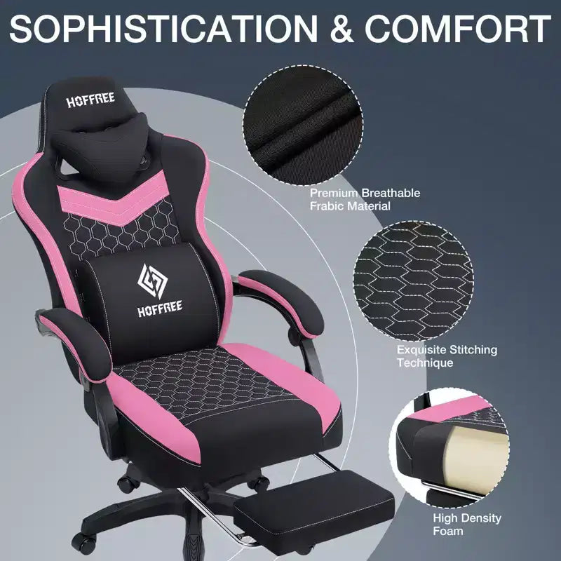 Hoffree Breathable Fabric Massage Gaming Chair Ergonomic Office PC Chair with Footrest & Adjustable