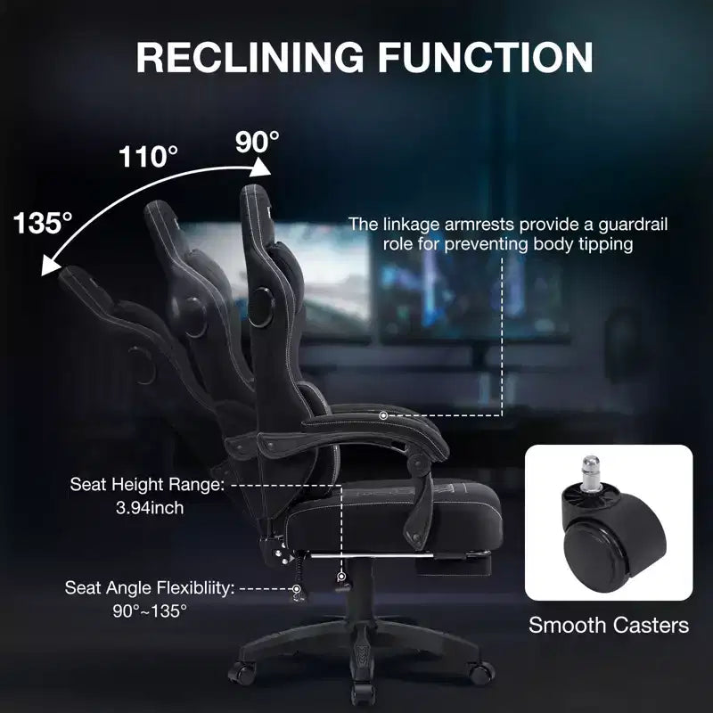 Hoffree Breathable Fabric Massage Gaming Chair Ergonomic Office PC Chair with Bluetooth Speaker & Footrest