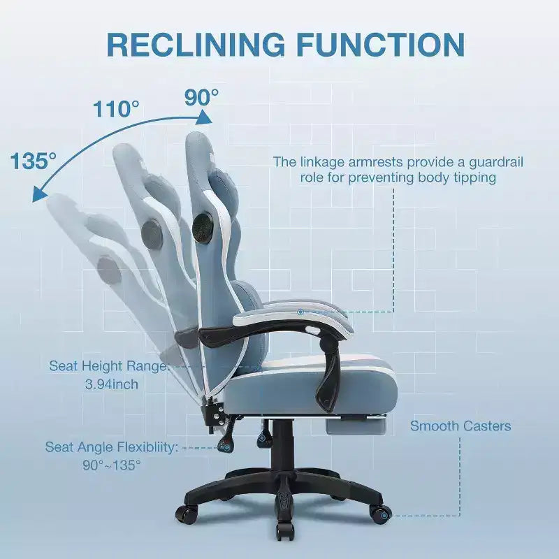 Hoffree Breathable Fabric Massage Gaming Chair Ergonomic Office PC Chair with Bluetooth Speaker & Footrest