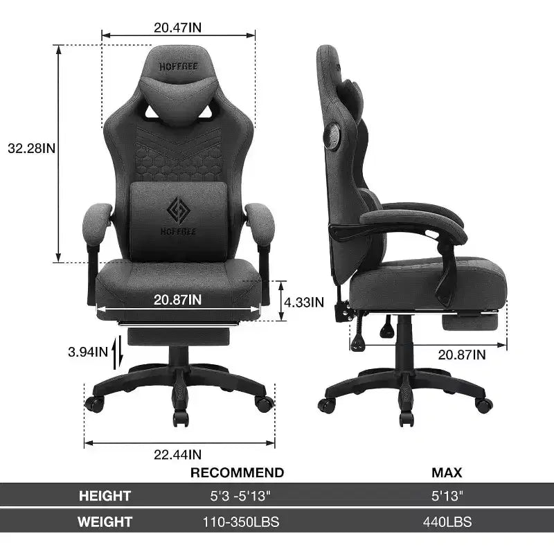 Hoffree Breathable Fabric Massage Gaming Chair Ergonomic Office PC Chair with Bluetooth Speaker & Footrest