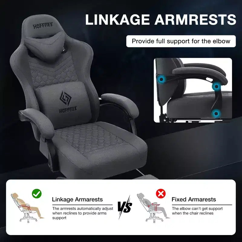 Hoffree Breathable Fabric Massage Gaming Chair Ergonomic Office PC Chair with Bluetooth Speaker & Footrest