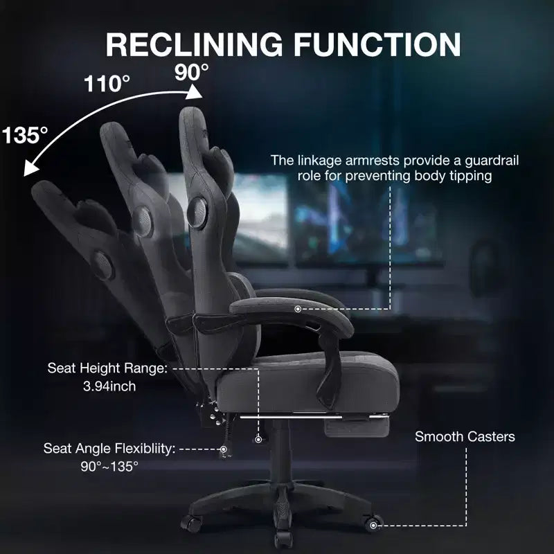 Hoffree Breathable Fabric Massage Gaming Chair Ergonomic Office PC Chair with Bluetooth Speaker & Footrest