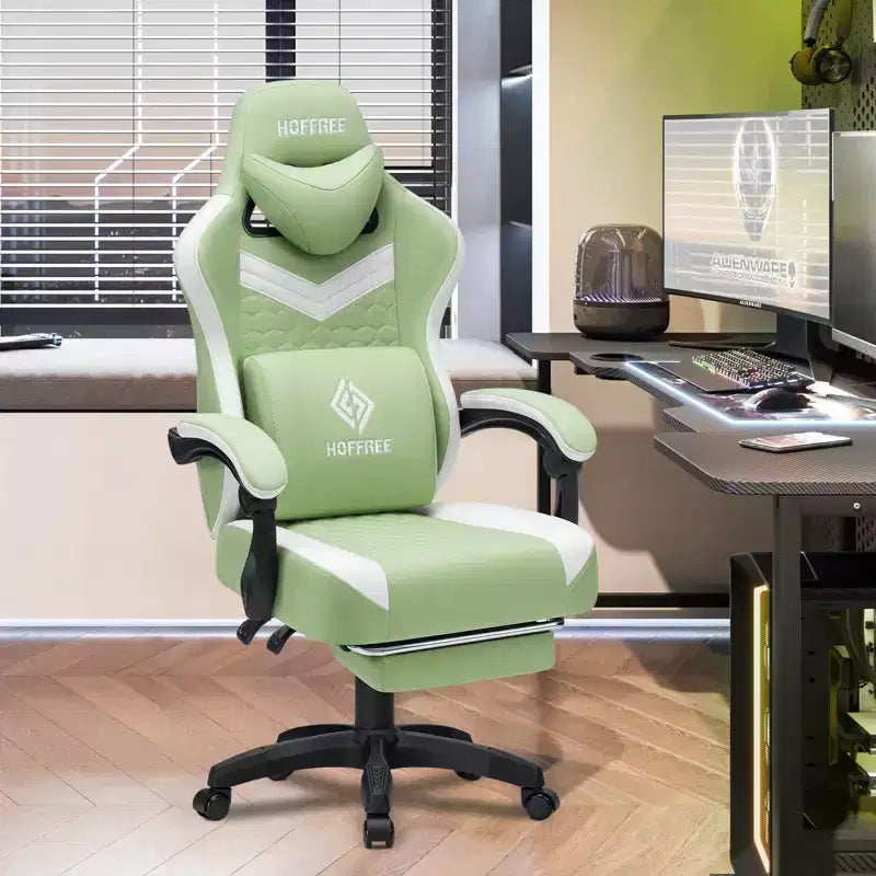 Hoffree Breathable Fabric Massage Gaming Chair Ergonomic Office PC Chair with Bluetooth Speaker & Footrest