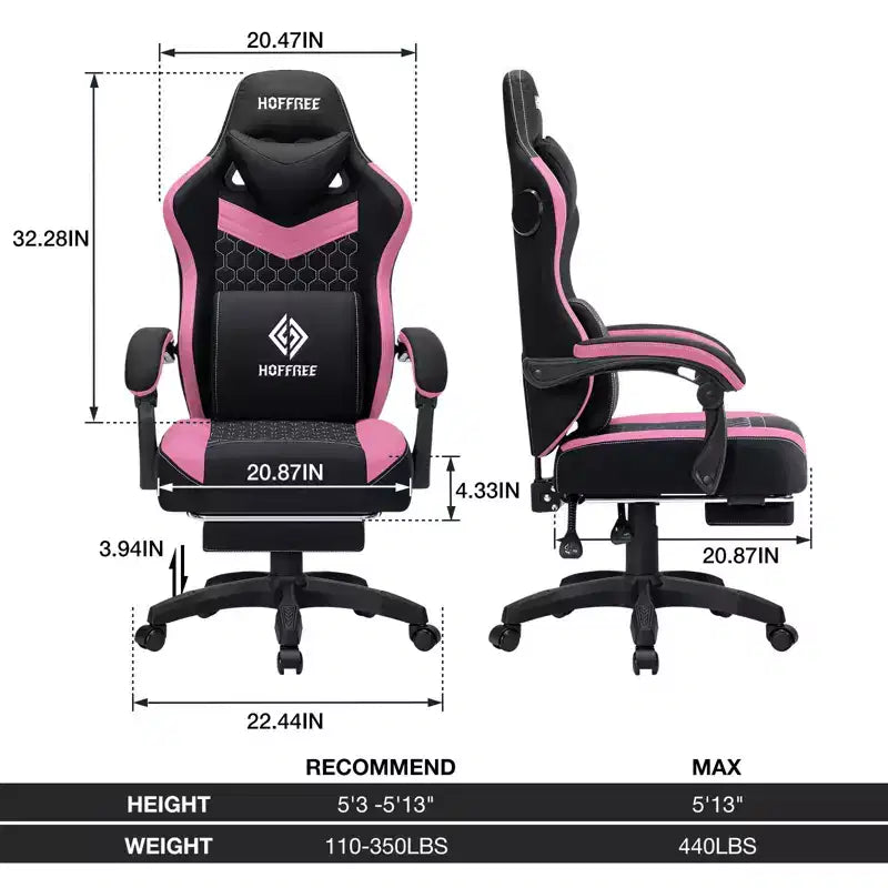 Hoffree Breathable Fabric Massage Gaming Chair Ergonomic Office PC Chair with Bluetooth Speaker & Footrest