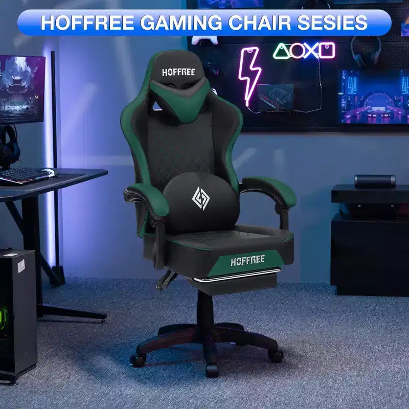 Fauteuil de bureau gaming en cuir Hoffree avec massage, ergonomique, et haut-parleur Bluetooth et repose-pieds