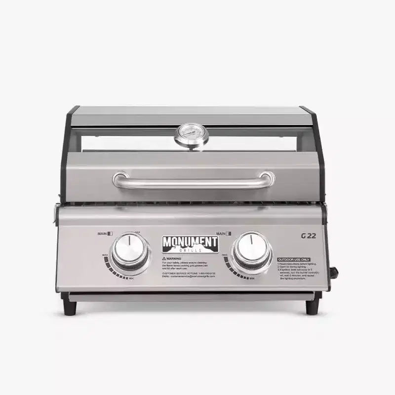 Monument Grills Gas Grill, 2 Burner Stainless Steel Tabletop Portable Propane Gas Grill Camping Cooking with Clearview Glass Lid and Thermometer