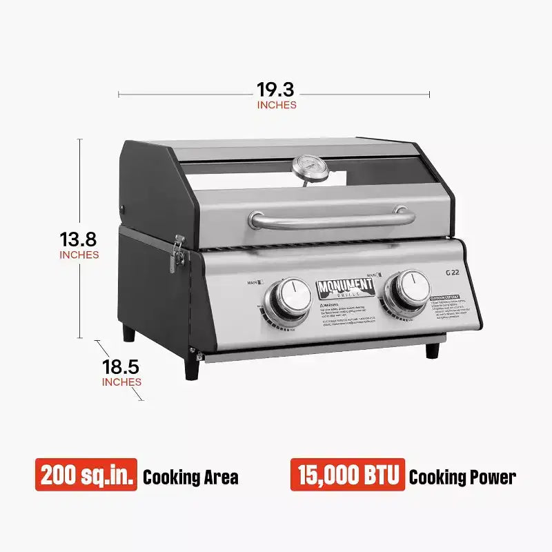 Monument Grills Gas Grill, 2 Burner Stainless Steel Tabletop Portable Propane Gas Grill Camping Cooking with Clearview Glass Lid and Thermometer