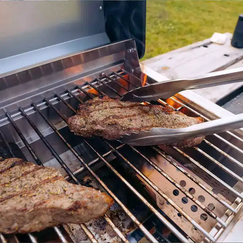 Monument Grills Gas Grill, 2 Burner Stainless Steel Tabletop Portable Propane Gas Grill Camping Cooking with Clearview Glass Lid and Thermometer
