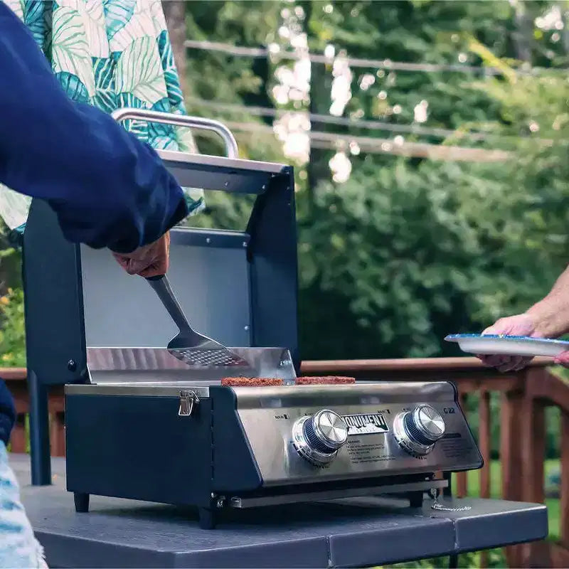 Monument Grills Gas Grill, 2 Burner Stainless Steel Tabletop Portable Propane Gas Grill Camping Cooking with Clearview Glass Lid and Thermometer