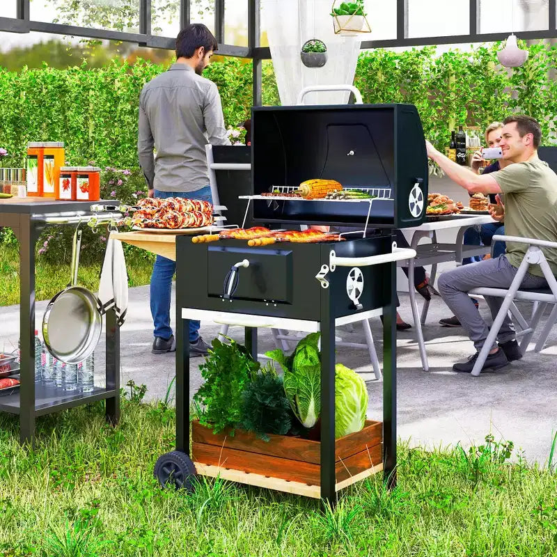 Outsunny Charcoal BBQ Grill, Portable Barbecue Grill for Camping or Backyard Picnic with Side Table, Bottom Storage Shelf, Wheels and Handle, Black