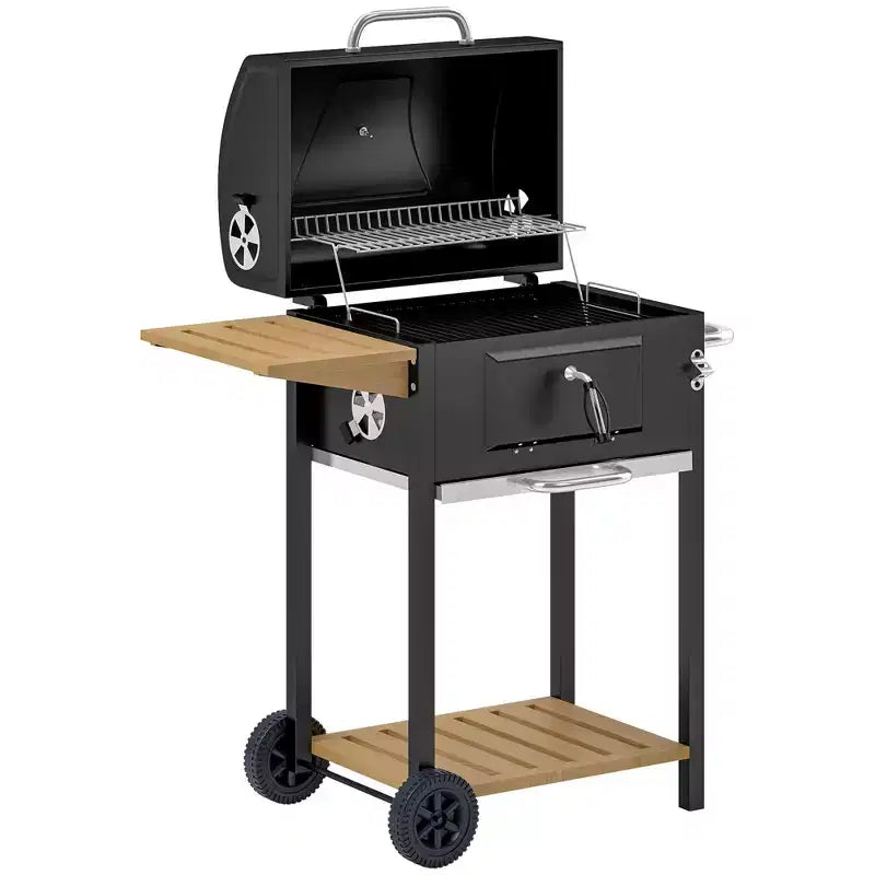 Outsunny Charcoal BBQ Grill, Portable Barbecue Grill for Camping or Backyard Picnic with Side Table, Bottom Storage Shelf, Wheels and Handle, Black