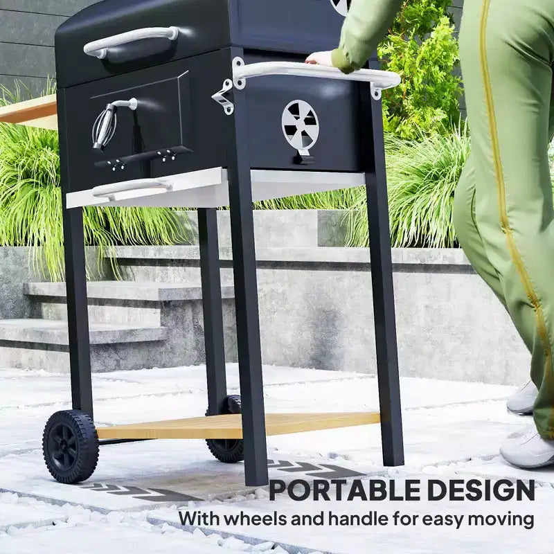 Outsunny Charcoal BBQ Grill, Portable Barbecue Grill for Camping or Backyard Picnic with Side Table, Bottom Storage Shelf, Wheels and Handle, Black