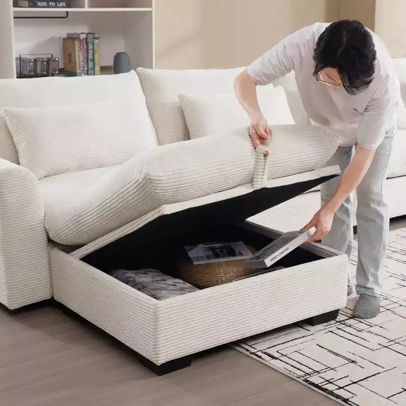 L-Shaped Corduroy Sectional with Storage Ottoman and 4 Accent Pillows