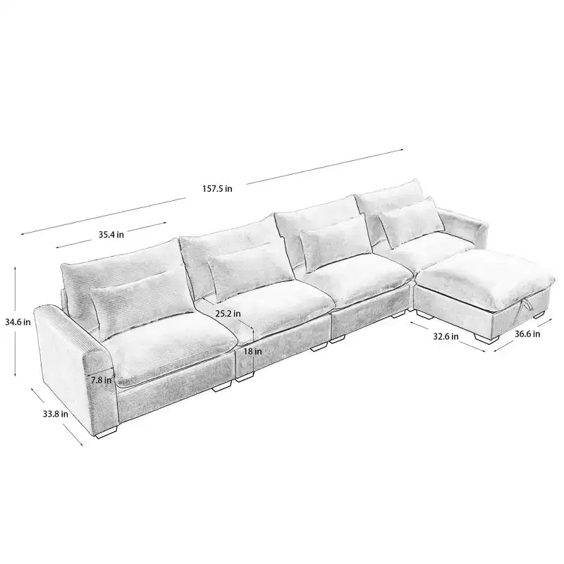 L-Shaped Corduroy Sectional with Storage Ottoman and 4 Accent Pillows