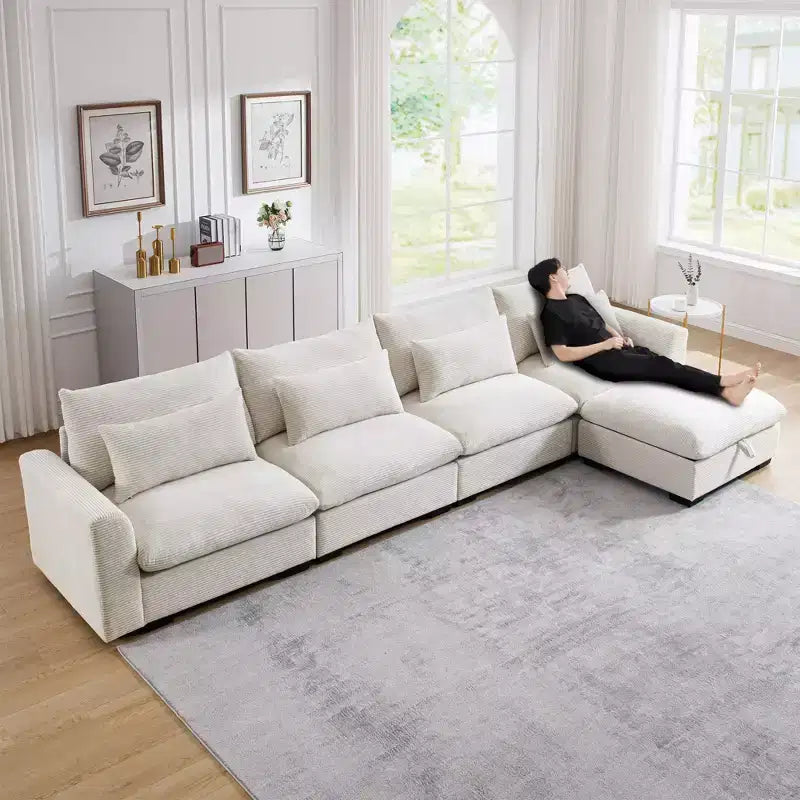 L-Shaped Corduroy Sectional with Storage Ottoman and 4 Accent Pillows