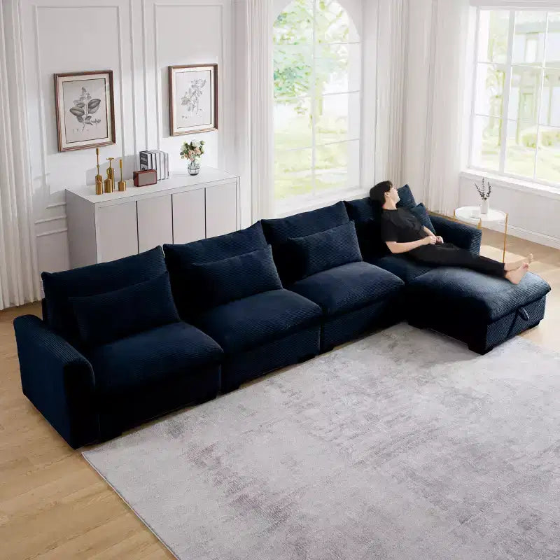 L-Shaped Corduroy Sectional with Storage Ottoman and 4 Accent Pillows