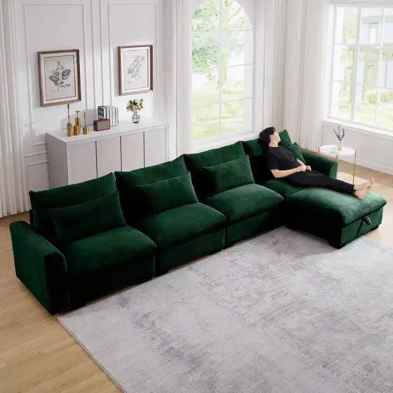L-Shaped Corduroy Sectional with Storage Ottoman and 4 Accent Pillows