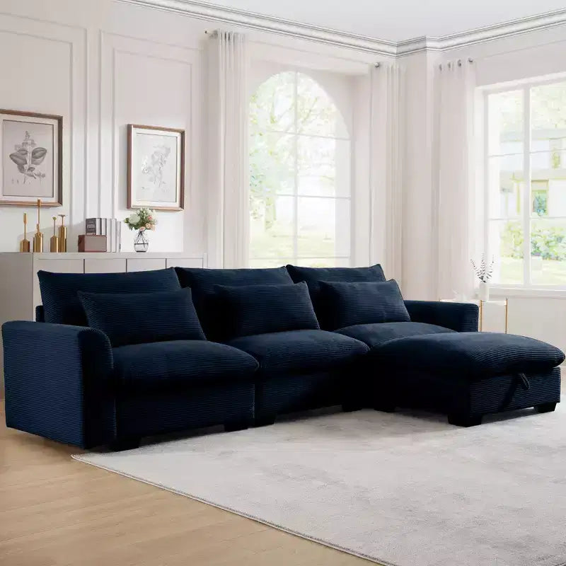 Ultimate Comfort: Corduroy L-Shape Sofa with Storage and 3 Plush Pillows