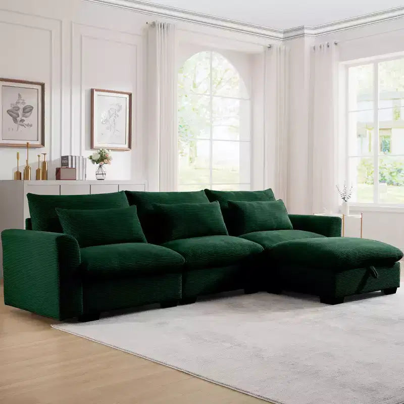 Ultimate Comfort: Corduroy L-Shape Sofa with Storage and 3 Plush Pillows