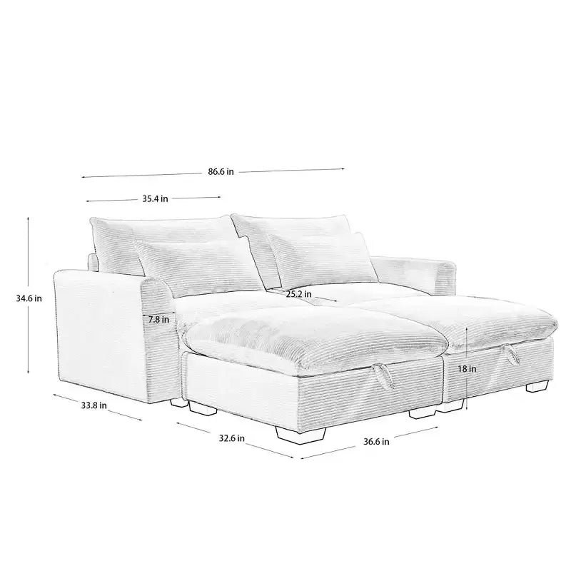 Cozy Two-Seater: Corduroy Sofa with Built-In Footrest Storage