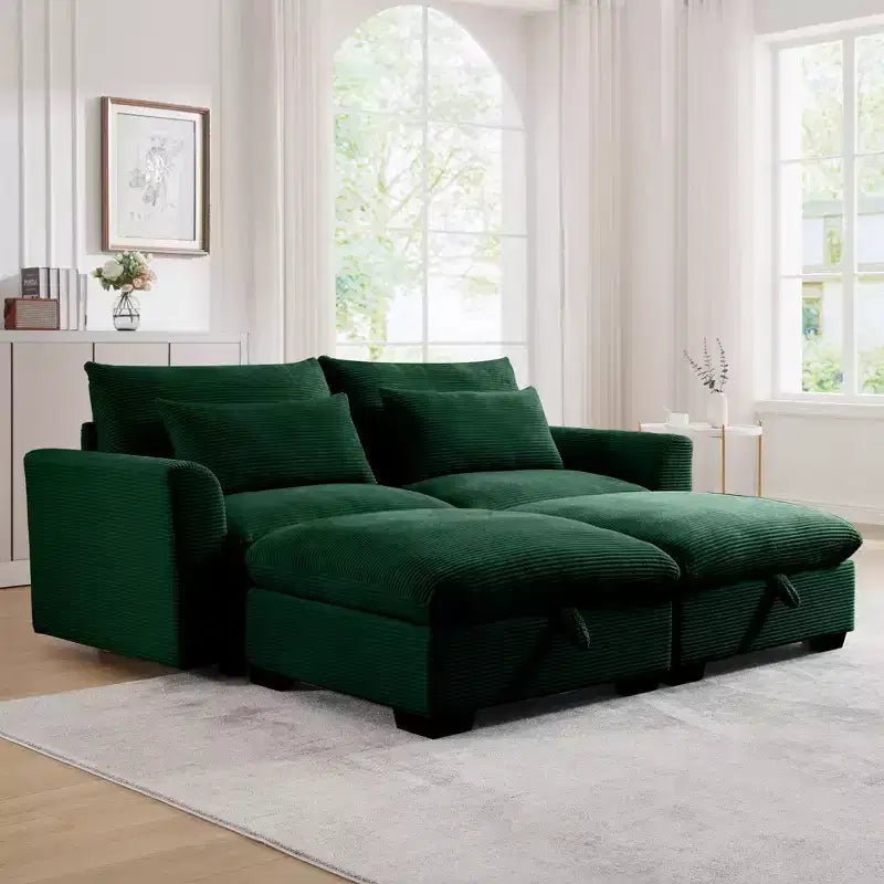 Cozy Two-Seater: Corduroy Sofa with Built-In Footrest Storage