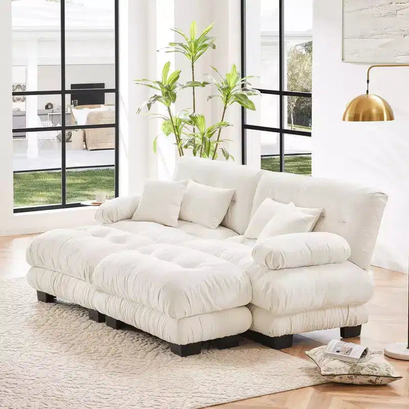 Cloud Couch Sleeper Sofa for Living Room, Chenille 2 Seater sofa with 2 Lumbar pillows and 2 throw pillows , Upholstered Wide Arm Sofa with 2 Ottomans