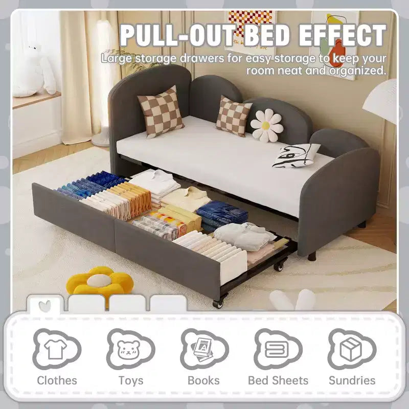 Canapé-lit polyvalent une place avec revêtement en velours et un autre cadre de lit, idéal pour les espaces de vie modernes.
