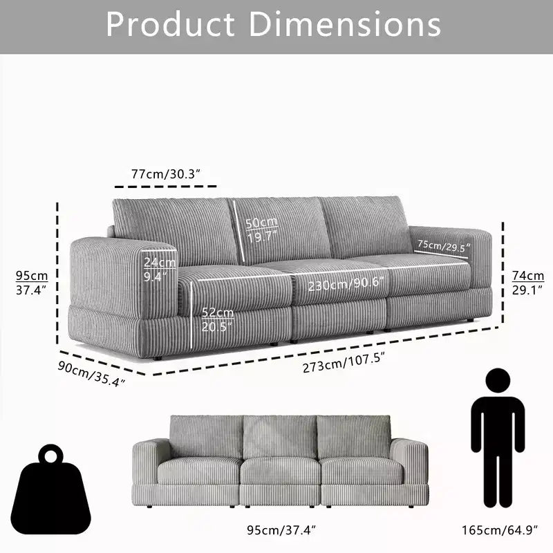 ATJafurn Modern Corduroy Sofa, Modular Sectional Upholstered Couch with Soft Pillows Backrest and Deep Seat for Living Room