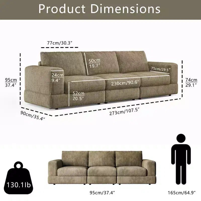 ATJafurn Modern Corduroy Sofa, Modular Sectional Upholstered Couch with Soft Pillows Backrest and Deep Seat for Living Room