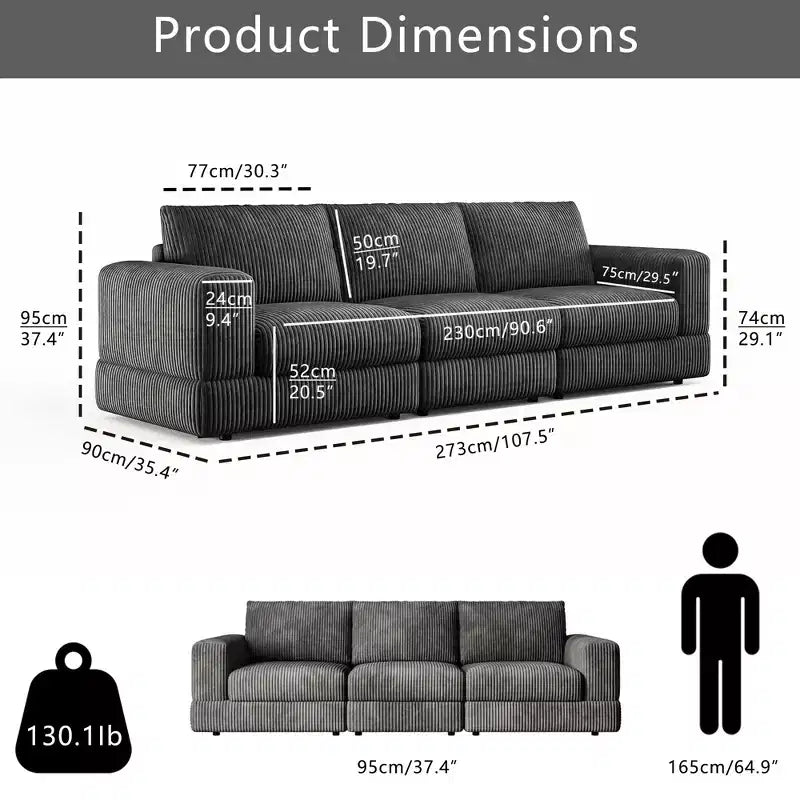ATJafurn Modern Corduroy Sofa, Modular Sectional Upholstered Couch with Soft Pillows Backrest and Deep Seat for Living Room