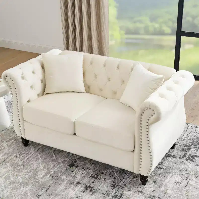 58.8 Chesterfield Sofa Beige Velvet for Living Room, 2 Seater Sofa Tufted Couch with Rolled Arms and Nailhead for Living Room