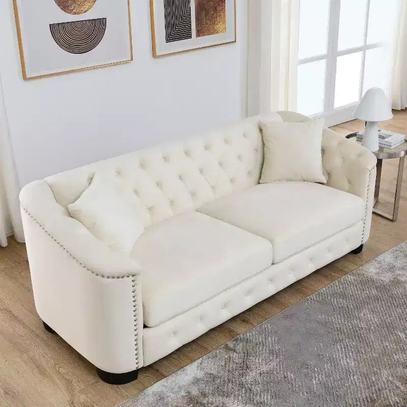Canapé Chesterfield moderne en velours de 195 cm, canapé 3 places, dossiers capitonnés avec accoudoirs cloutés et 2 coussins pour salon