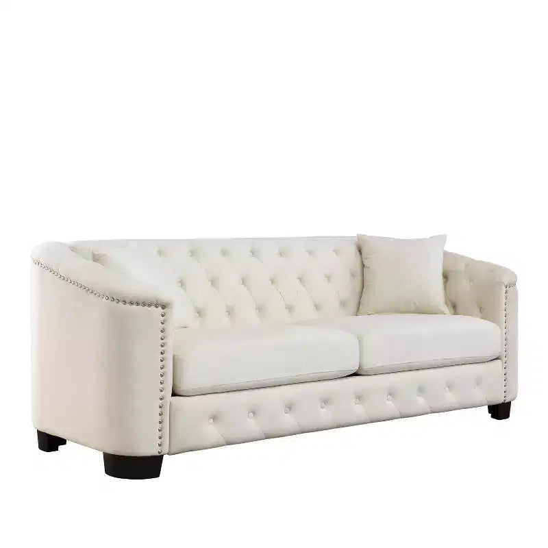 Canapé Chesterfield moderne en velours de 195 cm, canapé 3 places, dossiers capitonnés avec accoudoirs cloutés et 2 coussins pour salon