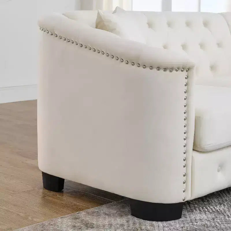Canapé Chesterfield moderne en velours de 195 cm, canapé 3 places, dossiers capitonnés avec accoudoirs cloutés et 2 coussins pour salon