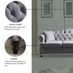 Canapé 3 places Chesterfield en velours gris pour salon, canapé capitonné avec accoudoirs roulés et clous décoratifs pour salon