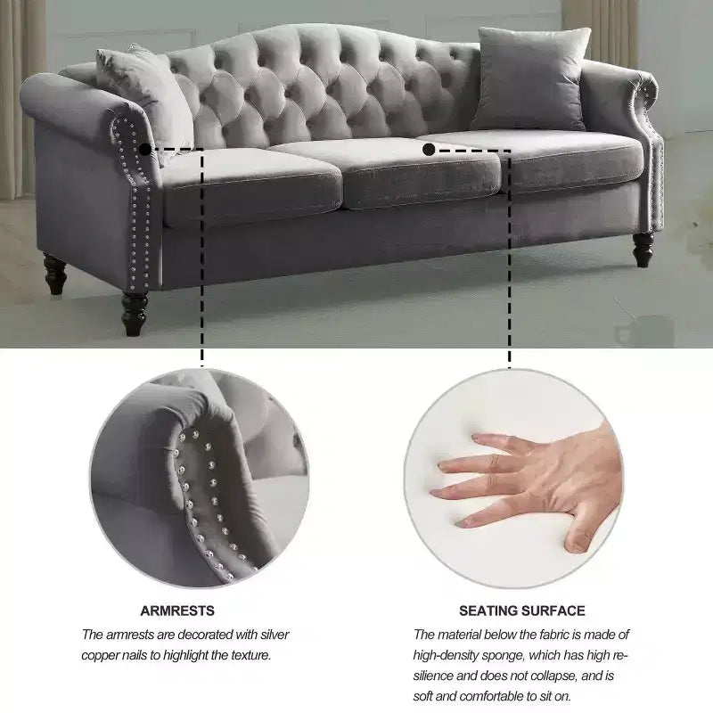 Canapé 3 places Chesterfield en velours gris pour salon, canapé capitonné avec accoudoirs roulés et clous décoratifs pour salon
