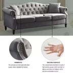 Canapé 3 places Chesterfield en velours gris pour salon, canapé capitonné avec accoudoirs roulés et clous décoratifs pour salon