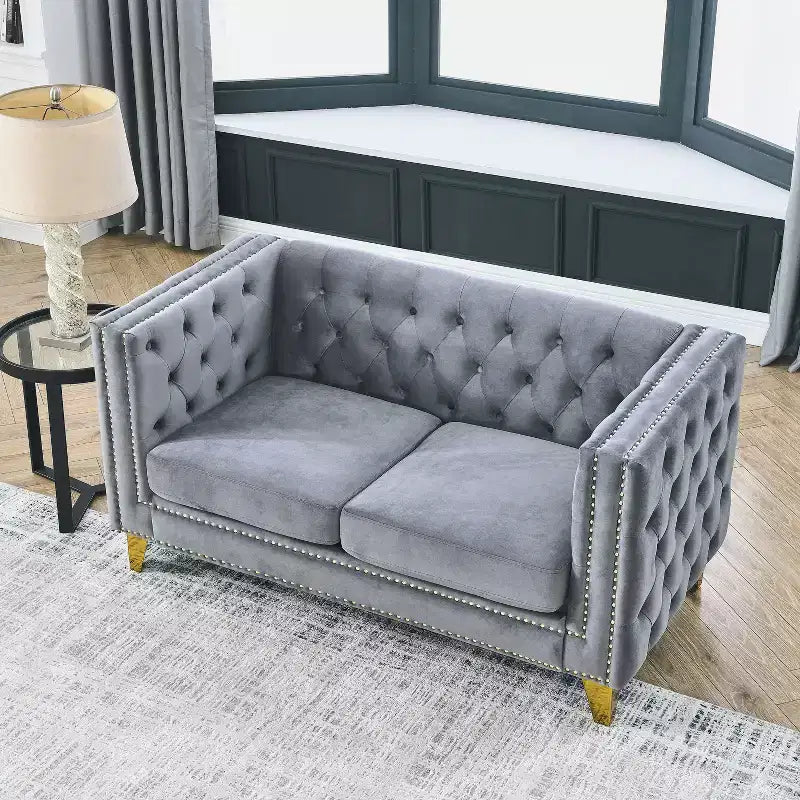 Velvet Sofa for Living Room,Buttons Tufted Square Arm Couch, Modern Couch Upholstered Button and Metal Legs, Sofa Couch for Bedroom