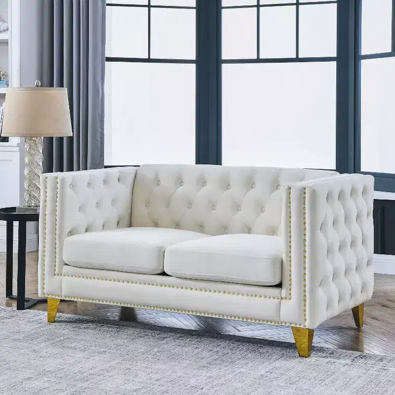 Velvet Sofa for Living Room,Buttons Tufted Square Arm Couch, Modern Couch Upholstered Button and Metal Legs, Sofa Couch for Bedroom