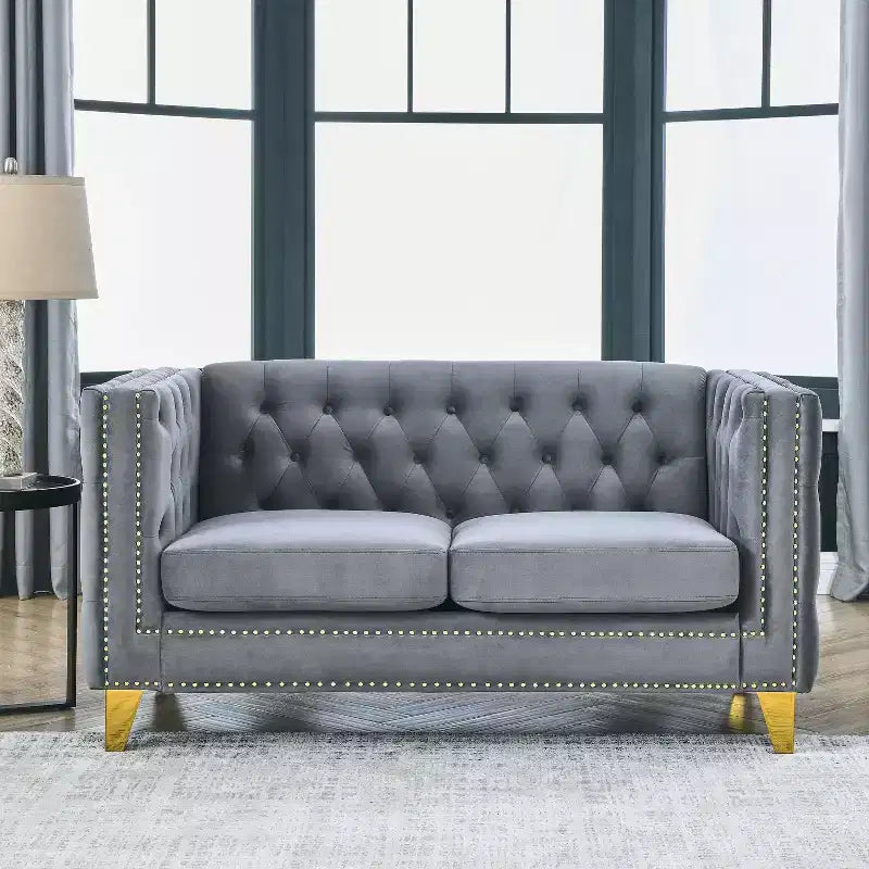 Velvet Sofa for Living Room,Buttons Tufted Square Arm Couch, Modern Couch Upholstered Button and Metal Legs, Sofa Couch for Bedroom