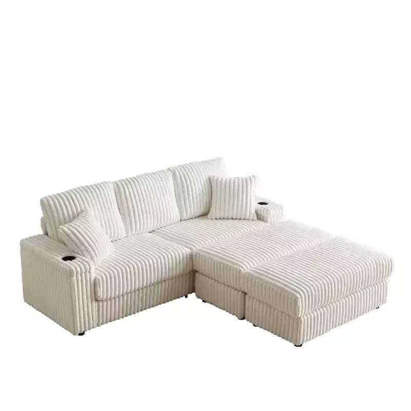 Canapé 3 places en velours côtelé de 213 cm avec 3 coussins de dossier, 2 coussins décoratifs, 2 poufs, 2 espaces de rangement et porte-gobelets