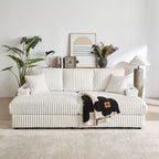 Canapé 3 places en velours côtelé de 213 cm avec 3 coussins de dossier, 2 coussins décoratifs, 2 poufs, 2 espaces de rangement et porte-gobelets