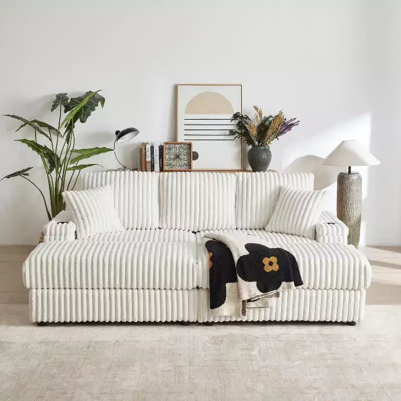 Canapé 3 places en velours côtelé de 213 cm avec 3 coussins de dossier, 2 coussins décoratifs, 2 poufs, 2 espaces de rangement et porte-gobelets