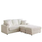 Canapé 3 places en velours côtelé de 213 cm avec 3 coussins de dossier, 2 coussins décoratifs, 2 poufs, 2 espaces de rangement et porte-gobelets