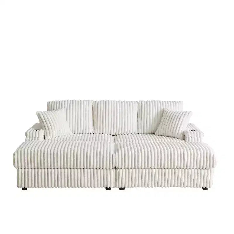 Canapé 3 places en velours côtelé de 213 cm avec 3 coussins de dossier, 2 coussins décoratifs, 2 poufs, 2 espaces de rangement et porte-gobelets
