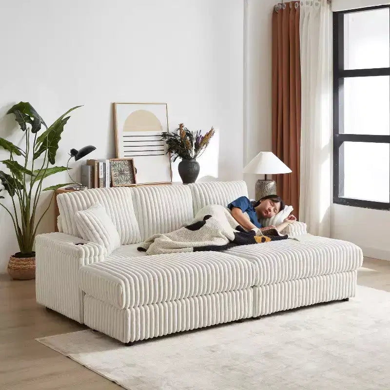 Canapé 3 places en velours côtelé de 213 cm avec 3 coussins de dossier, 2 coussins décoratifs, 2 poufs, 2 espaces de rangement et porte-gobelets