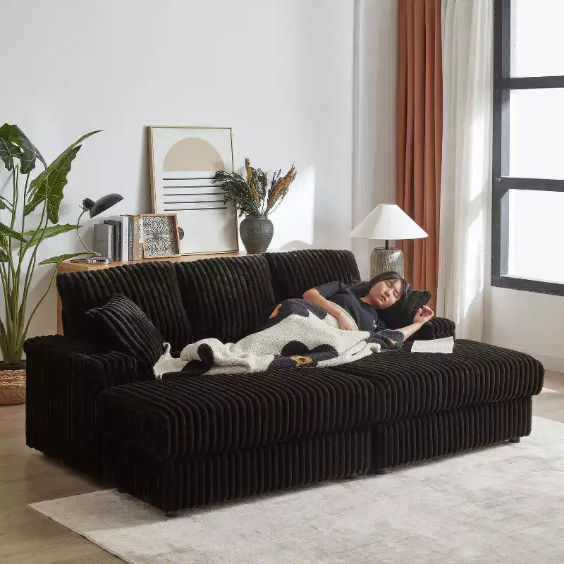 Canapé 3 places en velours côtelé de 213 cm avec 3 coussins de dossier, 2 coussins décoratifs, 2 poufs, 2 espaces de rangement et porte-gobelets