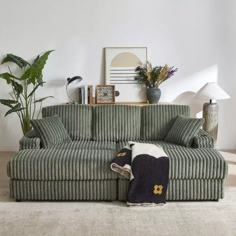 Canapé 3 places en velours côtelé de 213 cm avec 3 coussins de dossier, 2 coussins décoratifs, 2 poufs, 2 espaces de rangement et porte-gobelets